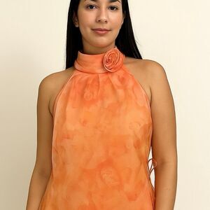 Cece organza orange 3D rose floral print flowy halter top